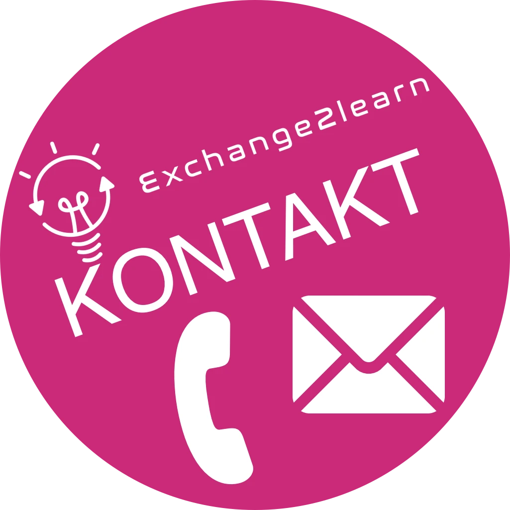 Das Bild zeigt einen Button in einem Rotton mit dem Logo von exchange to learn. Text: Kontakt. Zusätzliche Icons für Telefon (klassischer Telefonhörer) und E-Mail (Briefumschlag).